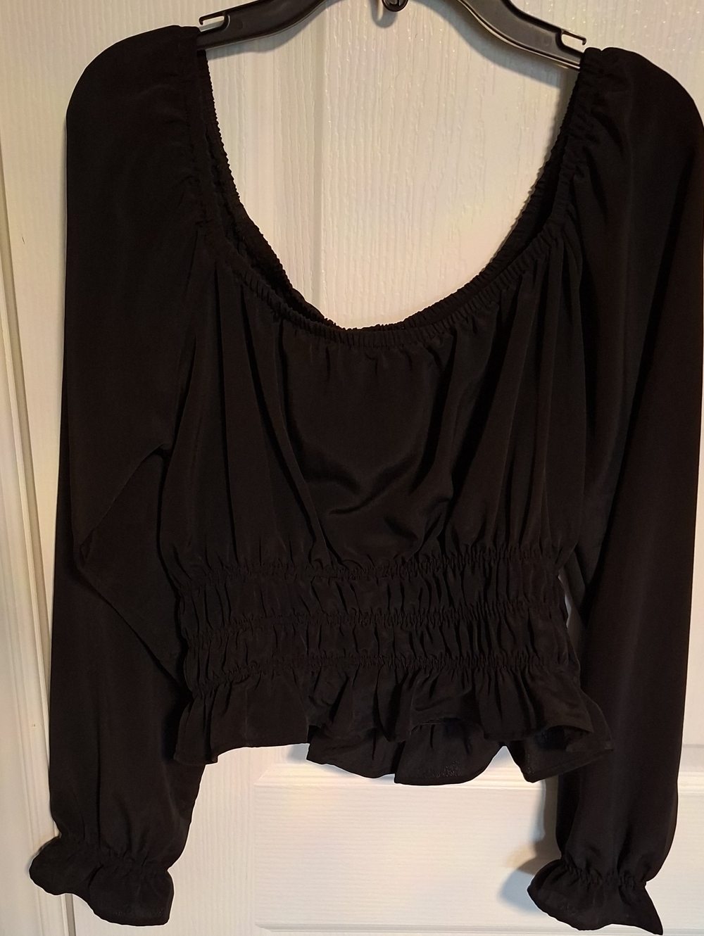 Black Smocked Peplum Long-Sleeve, Off Shoulder Women's Top
